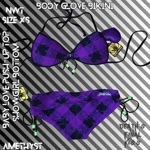 Body Glove Amethyst Black Plaid Bead Baby Love Push Up Showgirl Cheeky Bikini XS